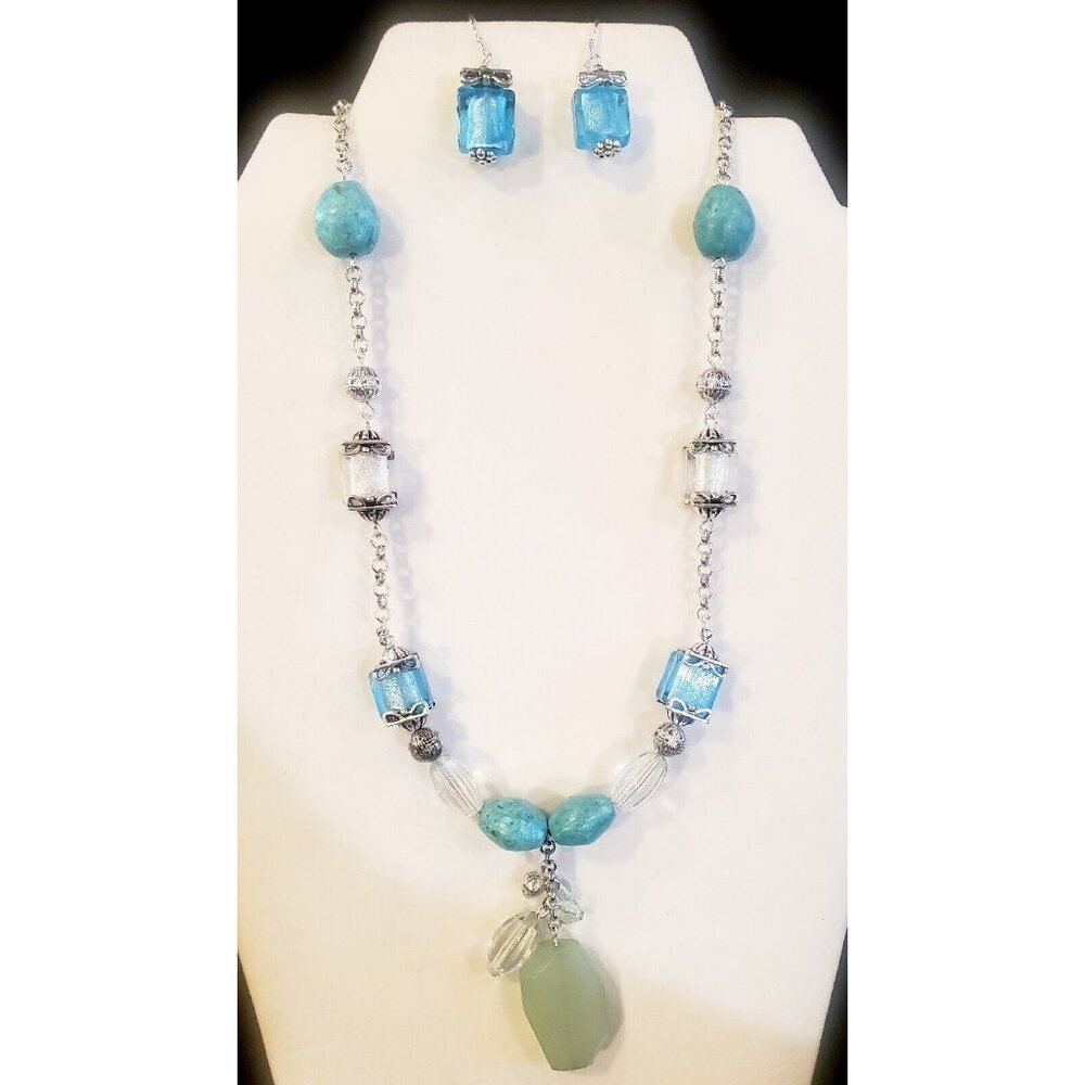 Silver Tone Multi Color Beaded Rhinestone Necklace And Earrings Set